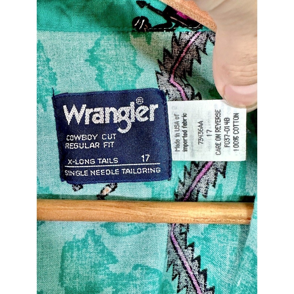 Vintage Wrangler Western Shirt Aztec Teal Cowboy Cut X-Long Tails Men's 17 - Picture 12 of 13